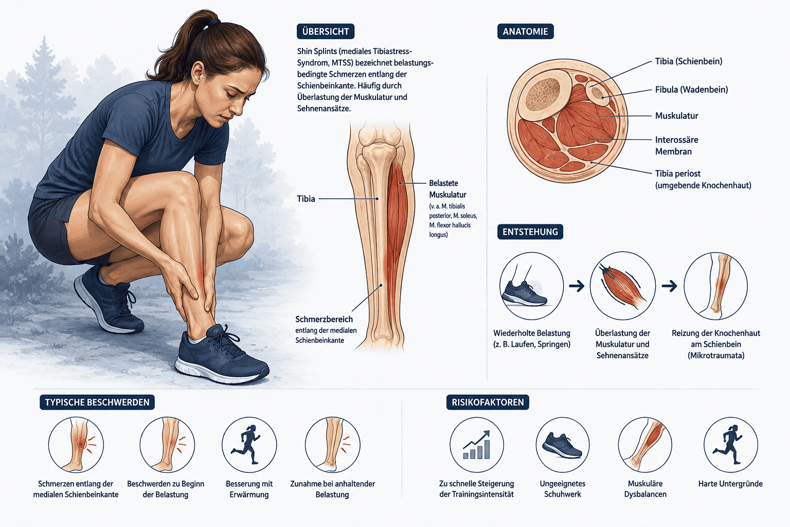 Infografik zu Shin Splints (MTSS): Läuferin mit Schmerzen am Schienbein, anatomische Darstellung von Tibia, Fibula und Muskulatur, Entstehungsprozess sowie typische Beschwerden und Risikofaktoren des Medialen Tibiastress-Syndroms.